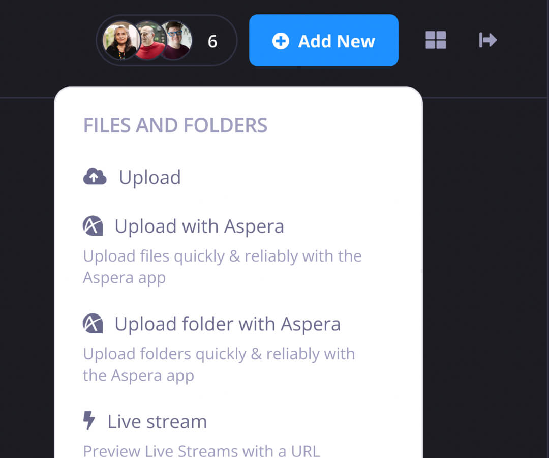 Upload options including Aspera